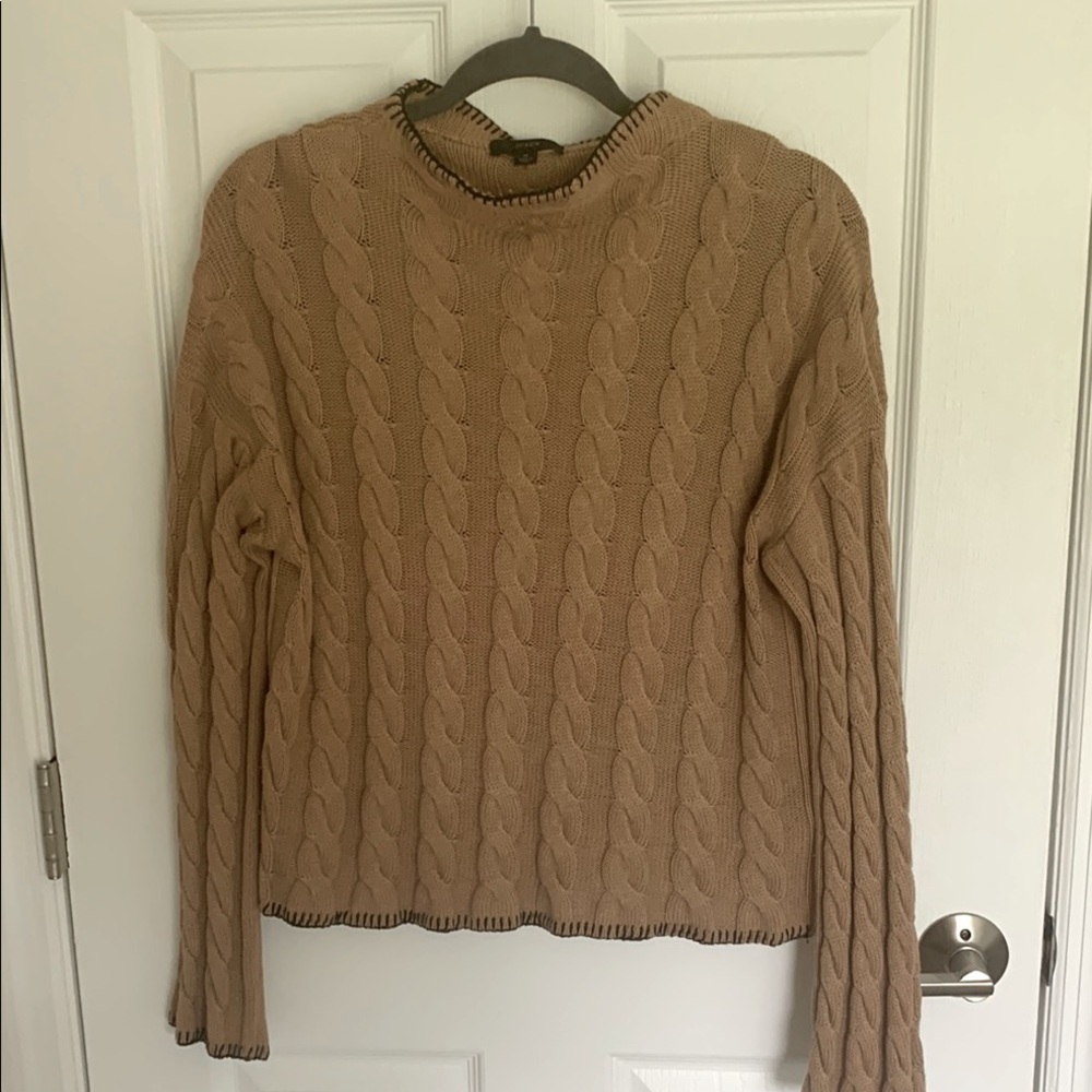 J Crew Cable Knit Tan Sweater with black contrast stitching trim size medium